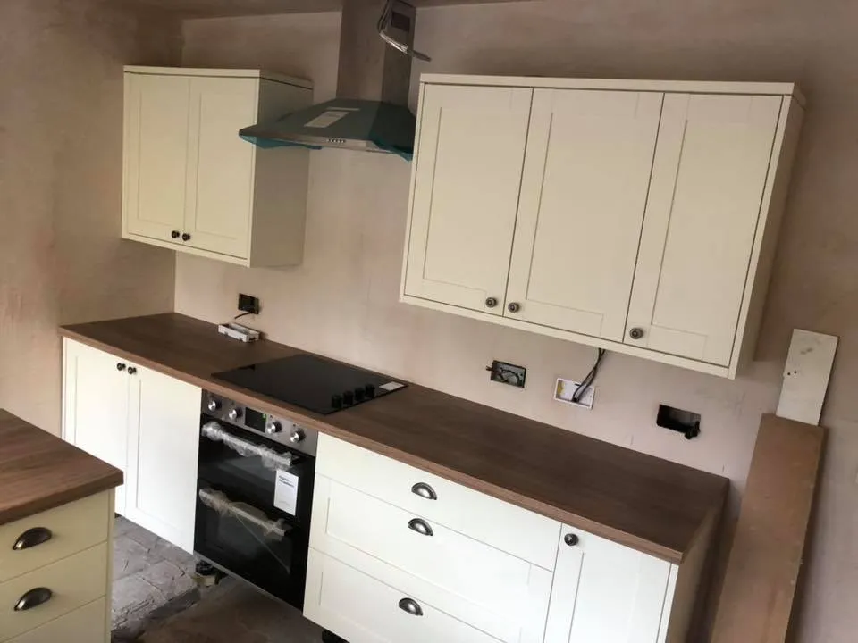 a kitchen with white cabinets and a stove top oven