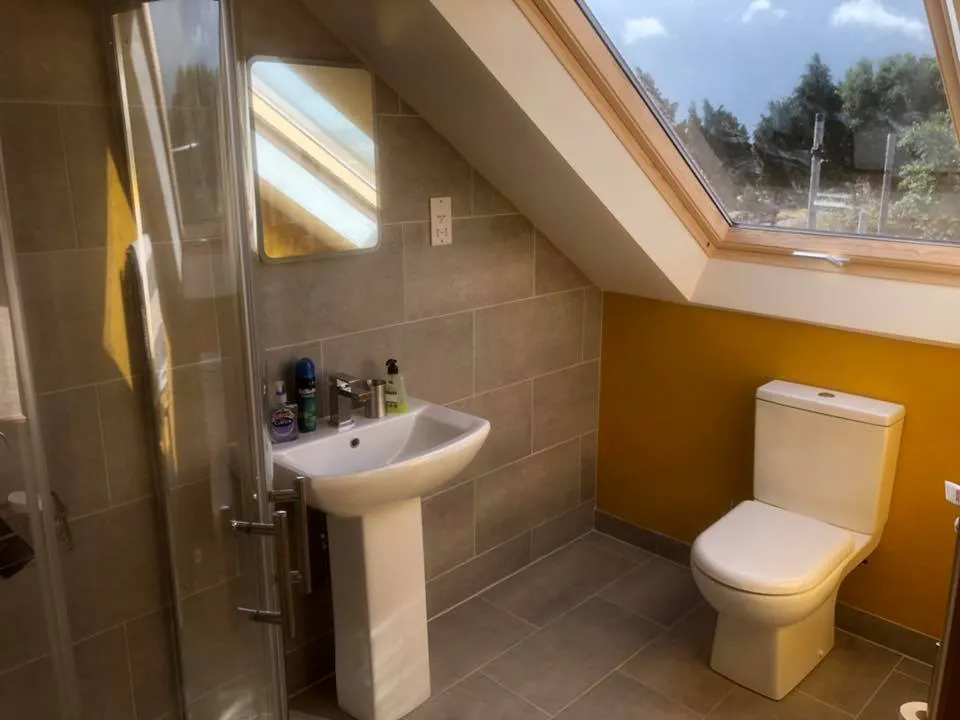 a bathroom with a toilet, sink, and shower