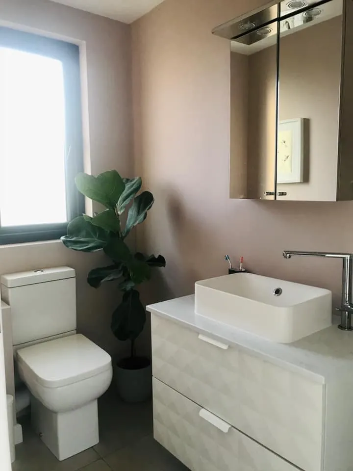 a bathroom with a toilet, sink and mirror