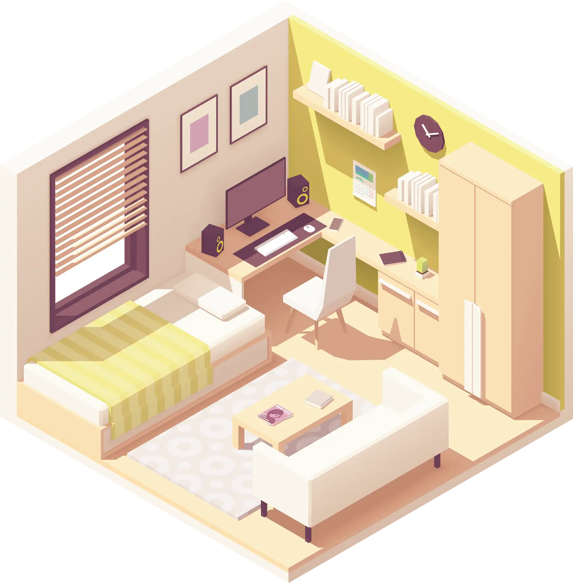 a room with a bed, a desk, and a computer